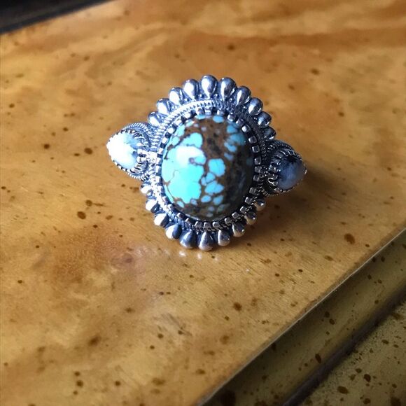 Natural White Buffalo Royston Blue Horizon Turquoise Sterling Silver Ring Size 8 - Picture 9 of 10